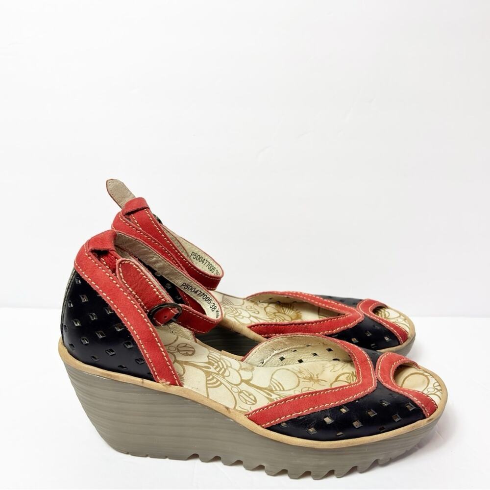 FLY LONDON YANS SANDAL WOMEN RED GRAY LEATHER WEDGE HEELS SIZE 38 OR 7.5